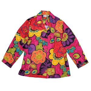 Chicos Vtg Floral Silk Button Down Shirt Jacket 1 M 90s Art to Wear Maximalist